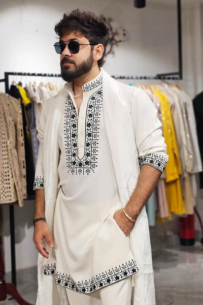 WHITE HAND EMBROIDERY COTTON KURTA PAJAMA
