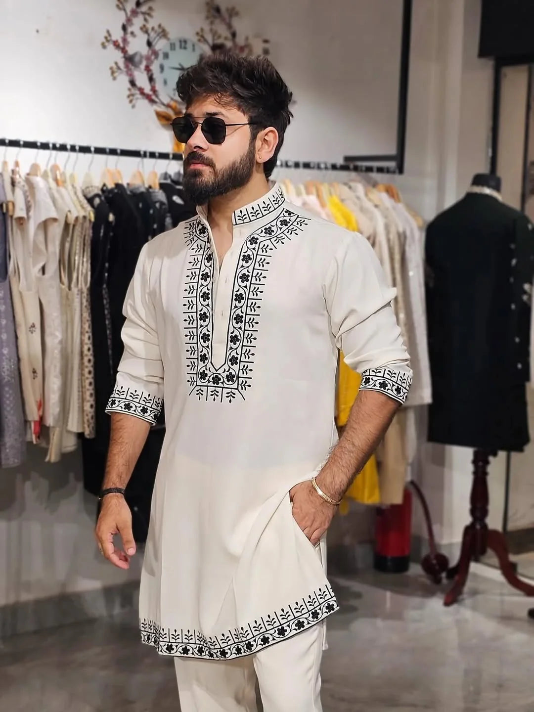 WHITE HAND EMBROIDERY COTTON KURTA PAJAMA