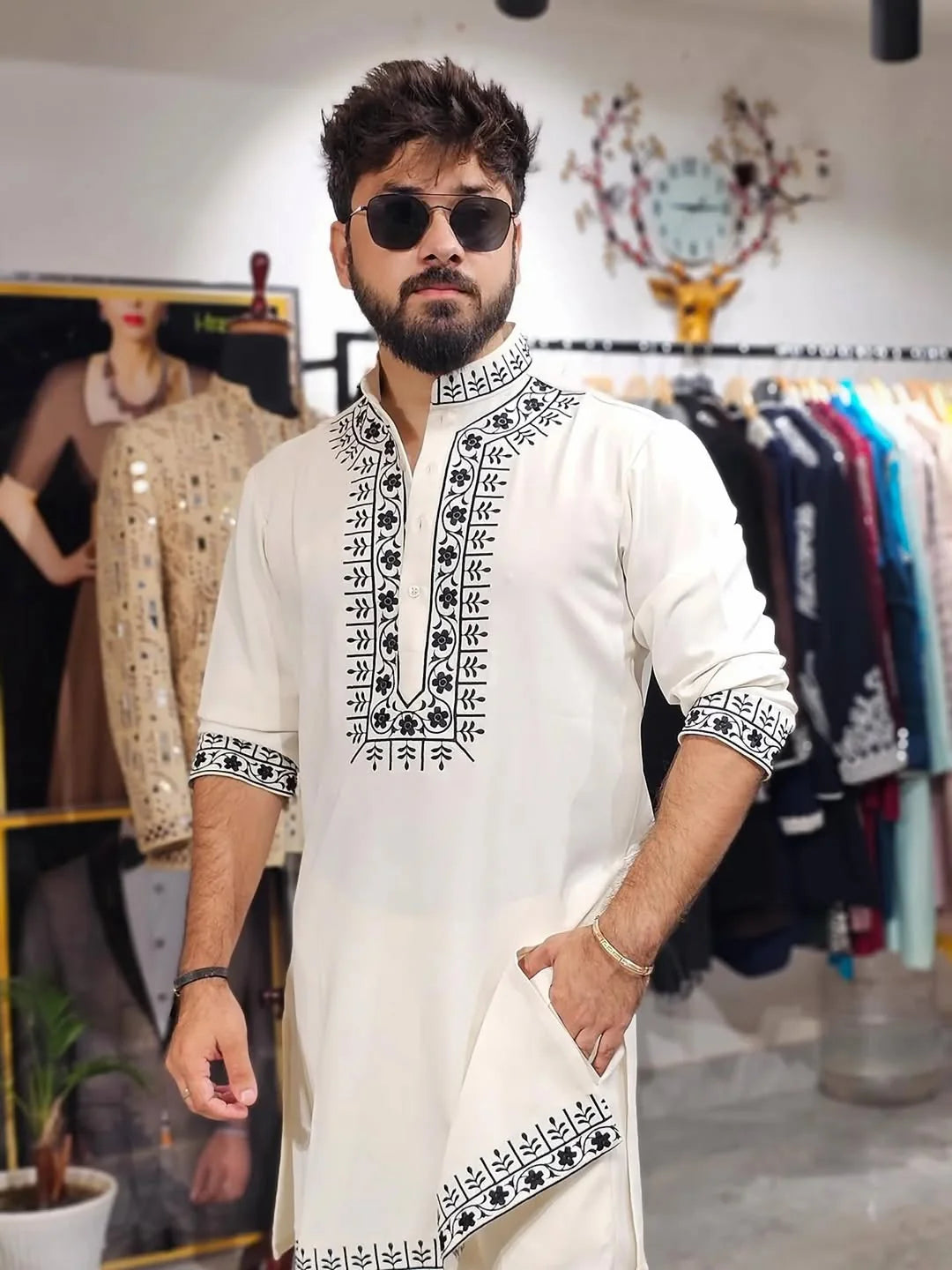 WHITE HAND EMBROIDERY COTTON KURTA PAJAMA