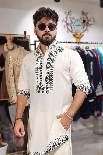 WHITE HAND EMBROIDERY COTTON KURTA PAJAMA