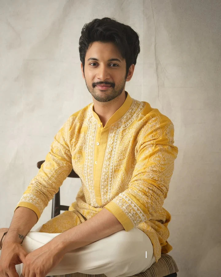Yellow kurta Pajama With Embroidery work