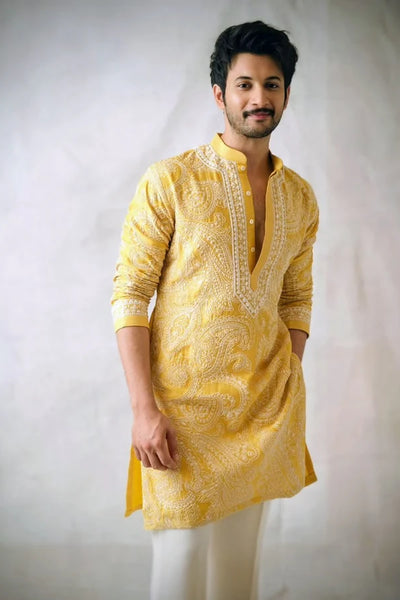 Yellow kurta Pajama With Embroidery work