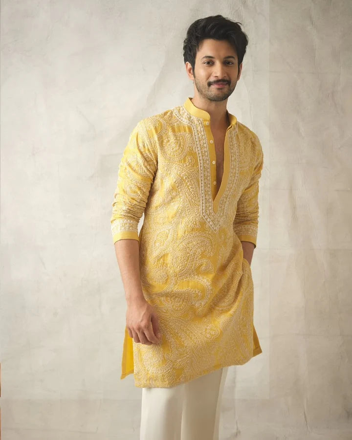Yellow kurta Pajama With Embroidery work