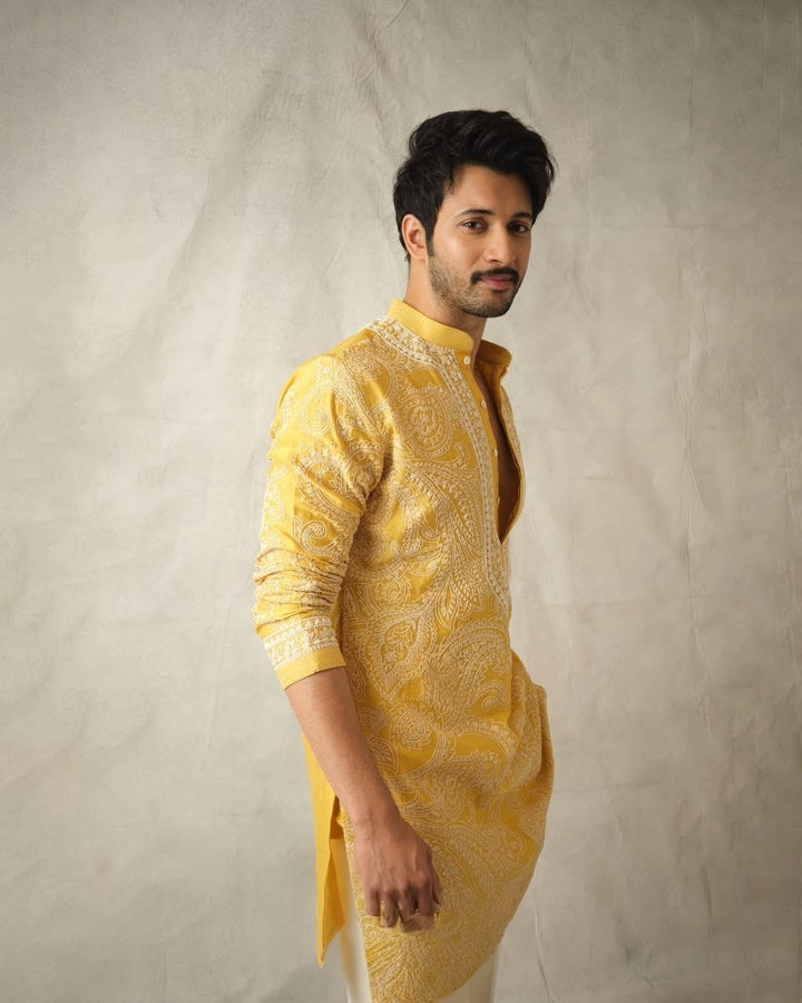 Yellow kurta Pajama With Embroidery work