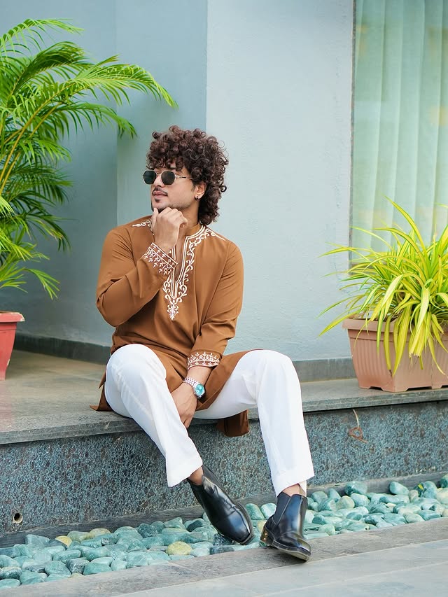 Premium Embroidered Brown Kurta Pajama set