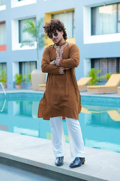 Premium Embroidered Brown Kurta Pajama set