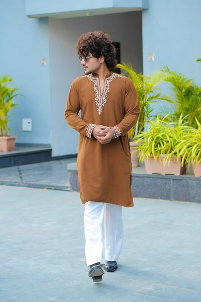 Premium Embroidered Brown Kurta Pajama set