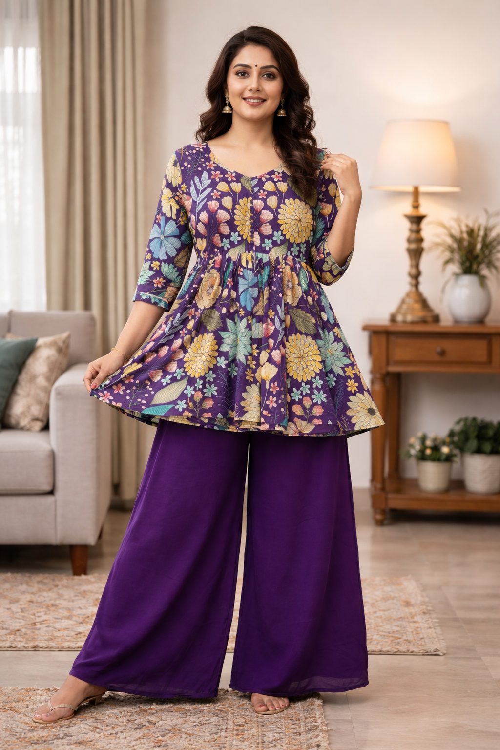 Purple Blossom Peplum Palazzo Set
