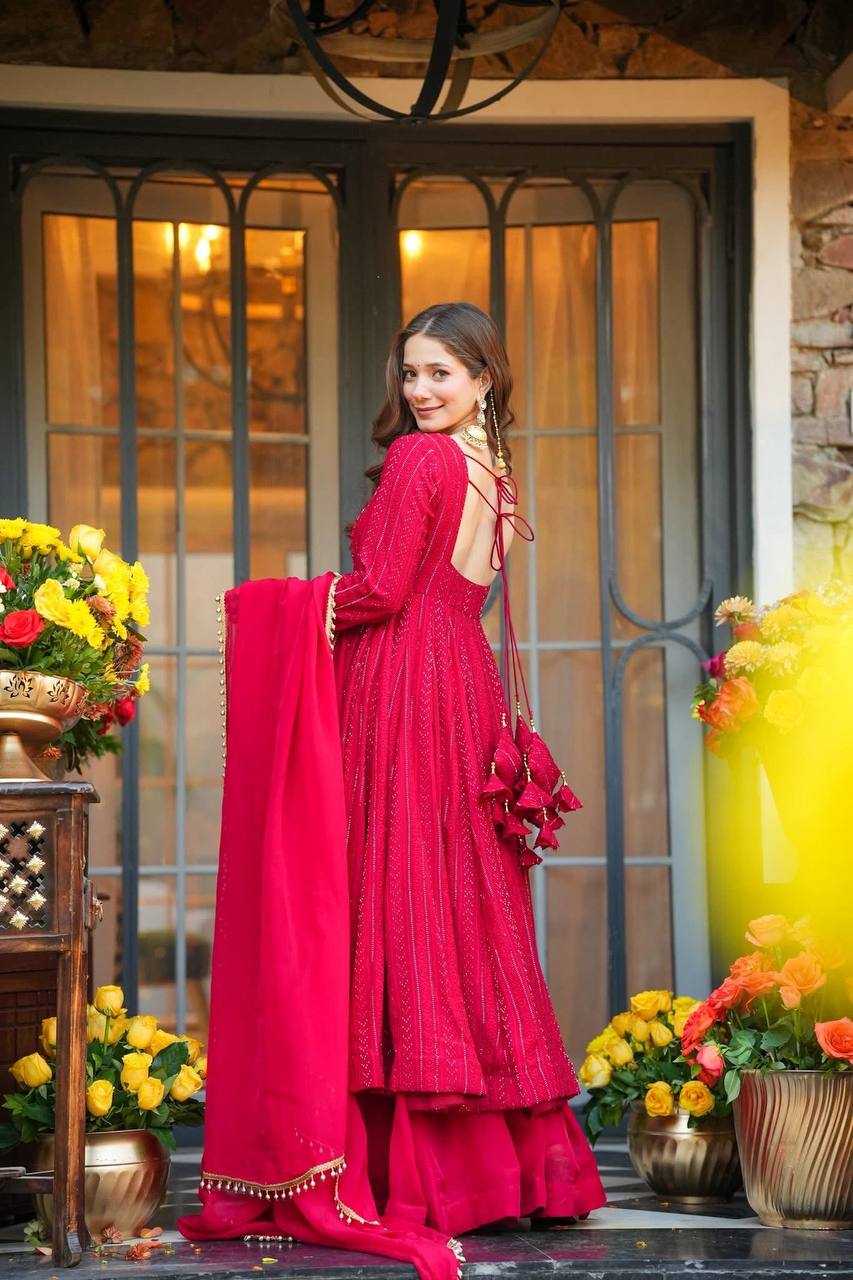 Premium Anarkali Lal-Pink Suit Set (3 Piece Set)