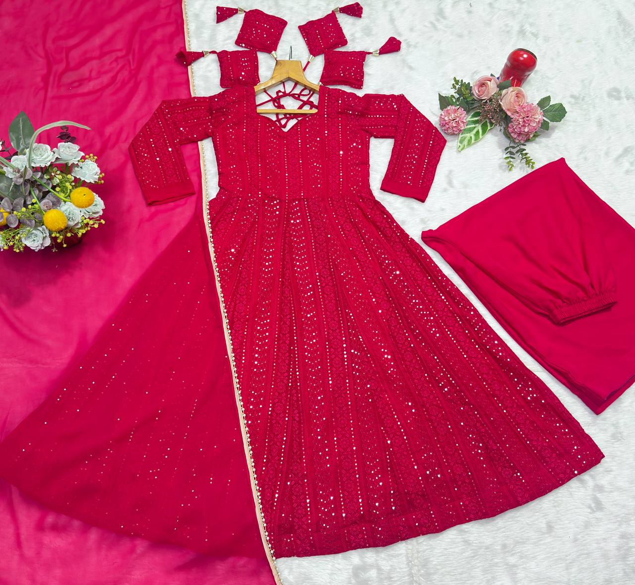 Premium Anarkali Lal-Pink Suit Set (3 Piece Set)