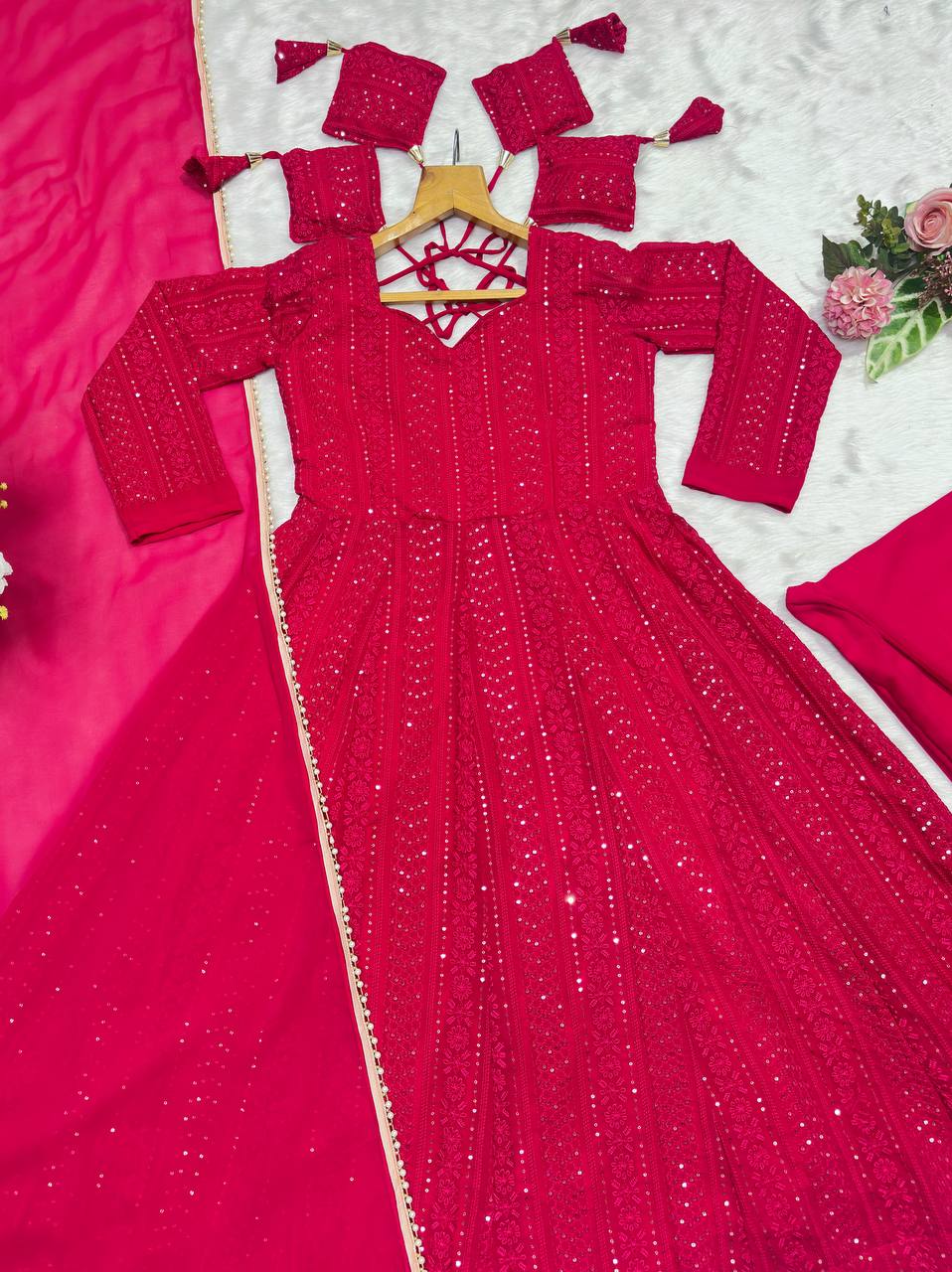 Premium Anarkali Lal-Pink Suit Set (3 Piece Set)