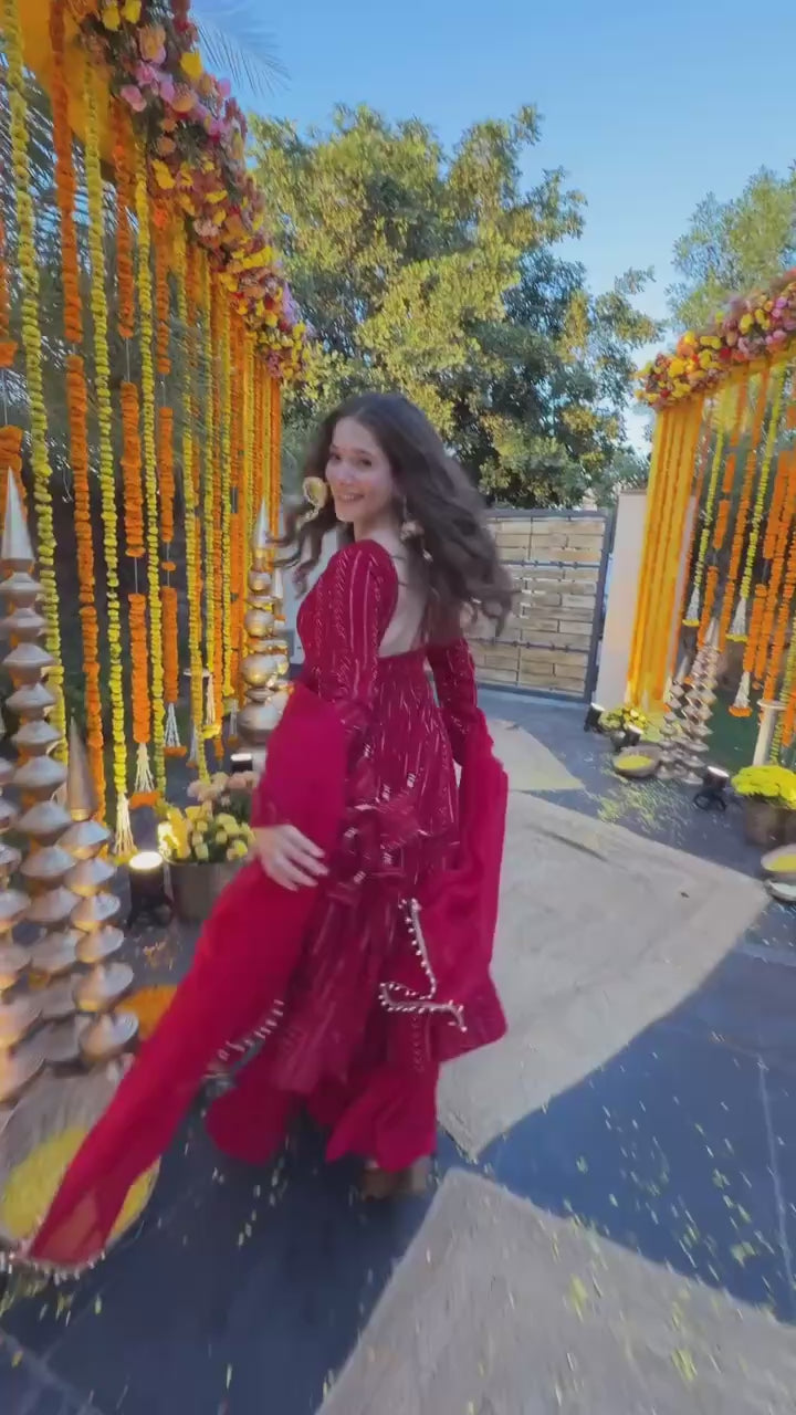 Premium Anarkali Lal-Pink Suit Set (3 Piece Set)